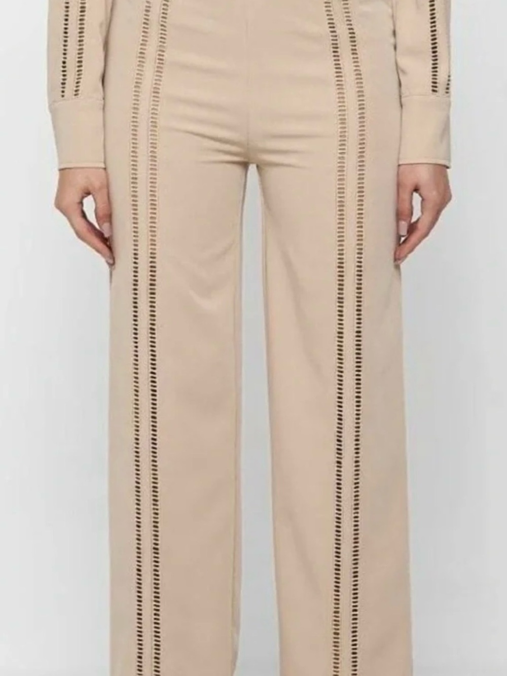 Maniere De Voir Beige Straight-Leg Pants with Vertical Cutout Trim US 10 NWT